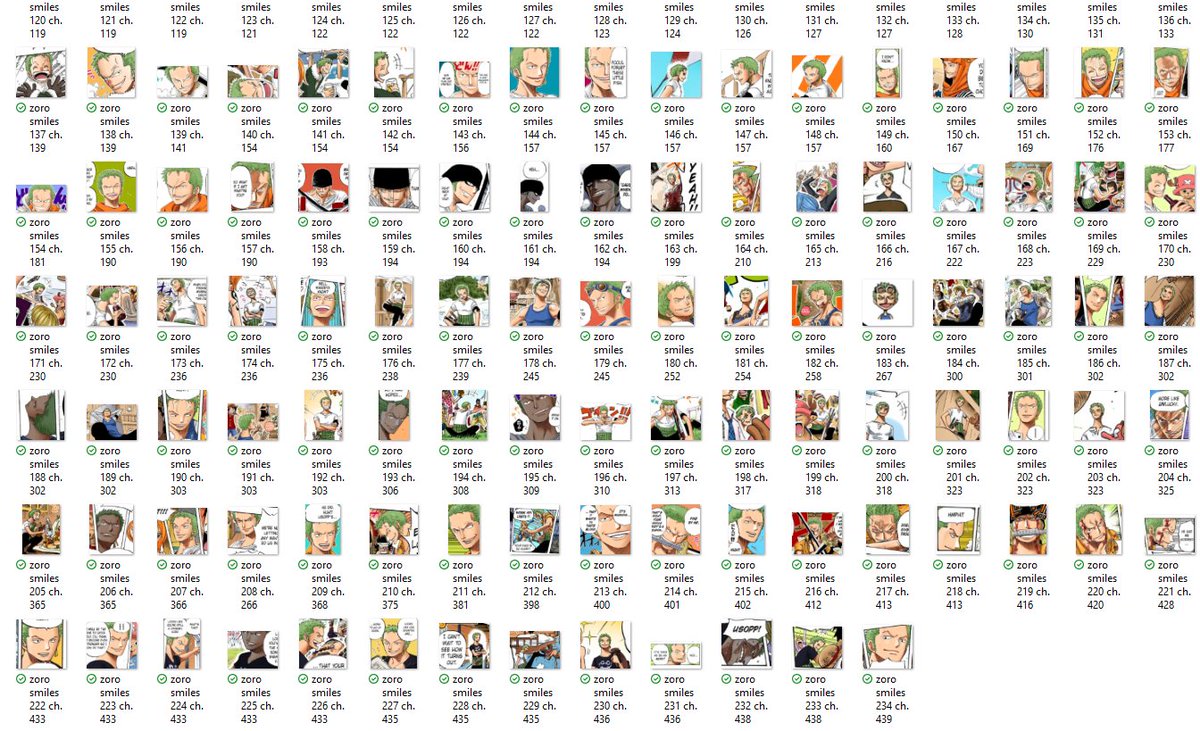 zoIuz's tweet image. okay now that i'm done with the whole water 7 saga the collection of every single zoro smile is now at 234 panels