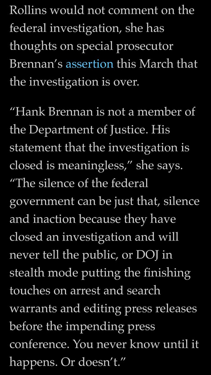 CandyJaneCain's tweet image. Rollins comments on the federal investigation via @VanityFair article