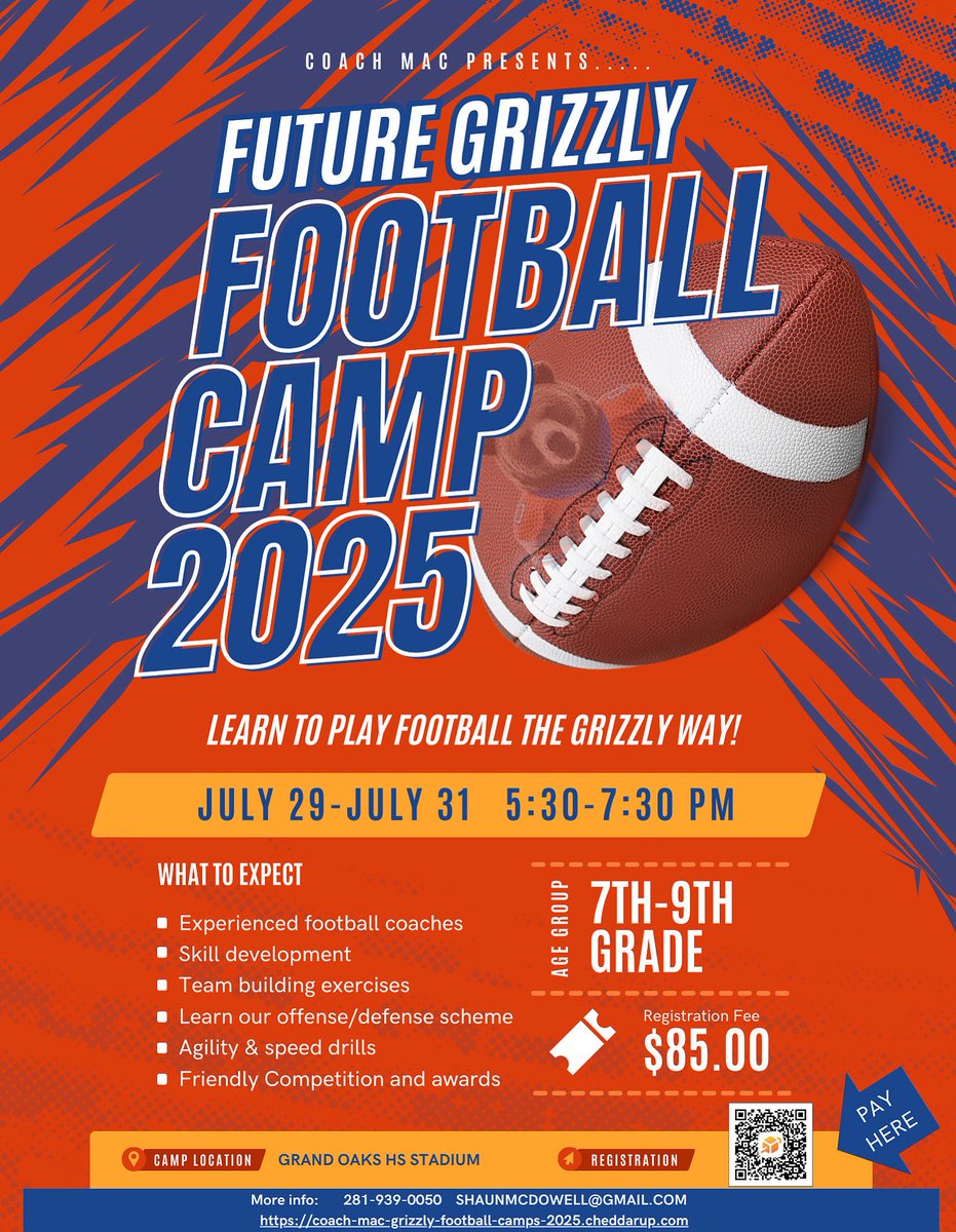 Grand Oaks Football (@goaksfootball) on Twitter photo CALLING ALL 7th, 8th, and 9th GRADE GRIZZLIES!!
The Future Grizzly Football Camp is set for July 29-31. Learn to play football the GRIZZLY WAY!! SIGN UP TODAY!
📆 July 29-31 5:30-7:30 pm
💵 $85
📍Grand Oaks HS
💻 my.cheddarup.com/c/coach-mac-gr…
<a href="/YorkJrHighFball/">York Jr High Football</a> CALLING ALL 7th, 8th, and 9th GRADE GRIZZLIES!!
The Future Grizzly Football Camp is set for July 29-31. Learn to play football the GRIZZLY WAY!! SIGN UP TODAY!
📆 July 29-31 5:30-7:30 pm
💵 $85
📍Grand Oaks HS
💻 my.cheddarup.com/c/coach-mac-gr…
<a href="/YorkJrHighFball/">York Jr High Football</a>