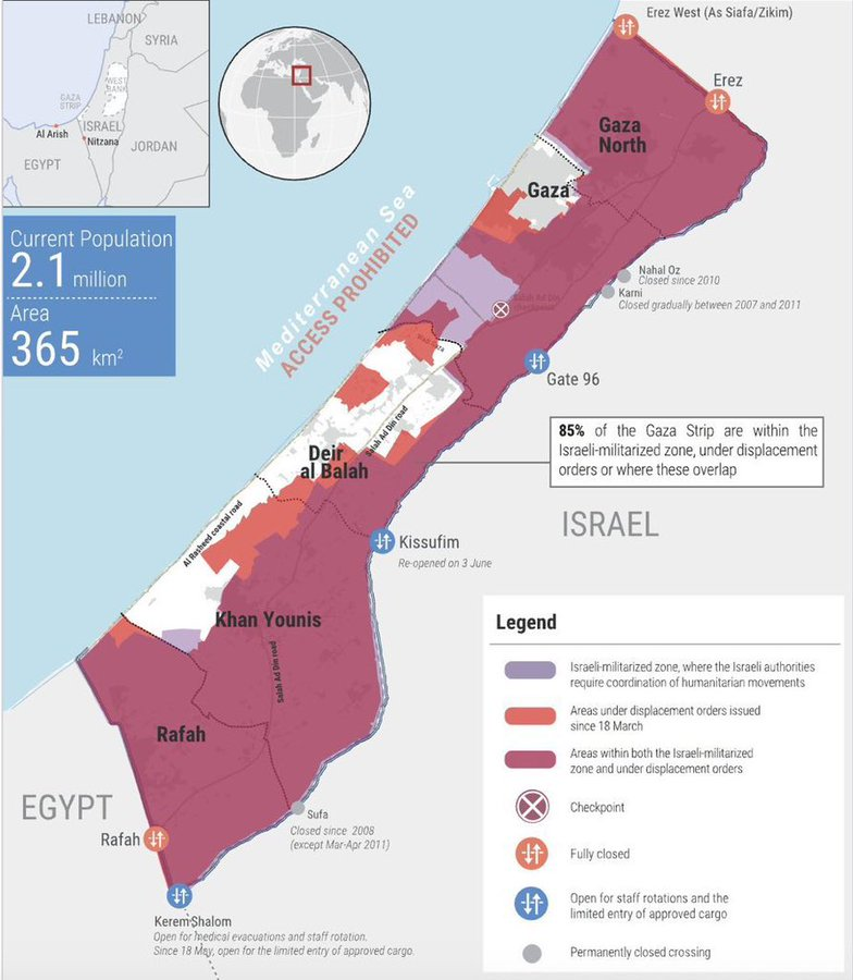 SoftWarNews's tweet photo. 85% wilayah Gaza kini ditetapkan sebagai "Zona Pembantaian".

Hanya tersisa 54 km² yang dapat dimasuki 2,1 juta orang — Dan bahkan wilayah "aman" tersebut masih dibom.

Dan Yahudi Zionis ratusan kali membom wilayah yang dinyatakan zona aman.

Ini bukan pembelaan diri. Ini pembantaian yang terencana dan terkonsentrasi.