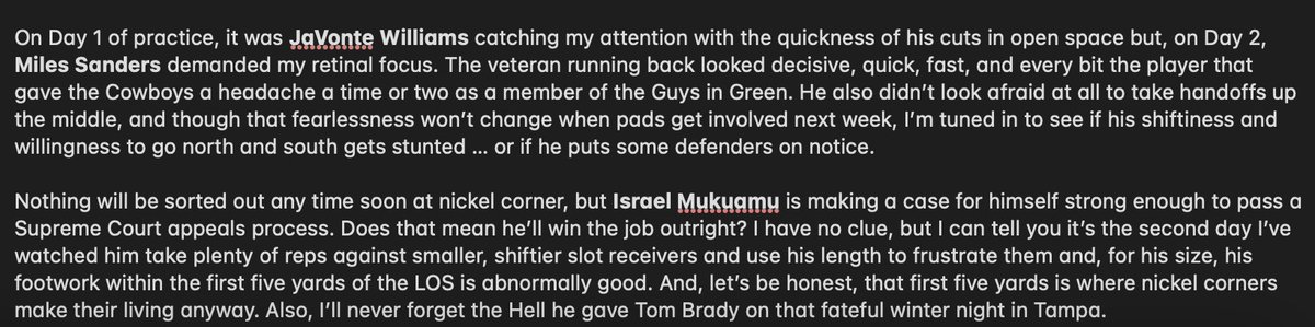 some observations from Day 2 of #Cowboys #trainingcamp:

note: not all-inclusive, simply standouts.

🔑 add-on: Cooper Beebe's anchor is stellar, but now it looks like his punch/strength "hurts", and Marist Liufau looks as if he knows plays before the offense does.

more below: