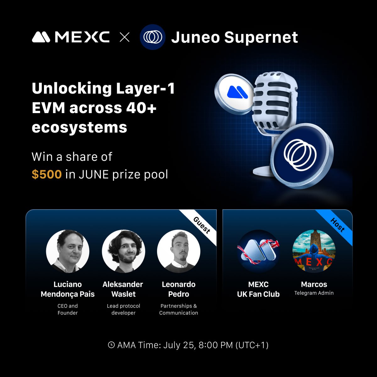 MEXC UK Fan Club (@mexcuk) on Twitter photo MEXC UK Fan Club x <a href="/JUNEO_official/">Juneo Supernet</a>
Join our AMA and let’s talk about unlocking Layer-1 EVM across 40+ ecosystems. $500 worth of $JUNE tokens up for grabs!
🎙️AMA Topic: Layer-1 EVM across 40+ ecosystems
🔗 AMA Space Link: x.com/i/spaces/1eaKb…
🗓 July 25, 8:00 PM (UTC+1) MEXC UK Fan Club x <a href="/JUNEO_official/">Juneo Supernet</a>
Join our AMA and let’s talk about unlocking Layer-1 EVM across 40+ ecosystems. $500 worth of $JUNE tokens up for grabs!
🎙️AMA Topic: Layer-1 EVM across 40+ ecosystems
🔗 AMA Space Link: x.com/i/spaces/1eaKb…
🗓 July 25, 8:00 PM (UTC+1)