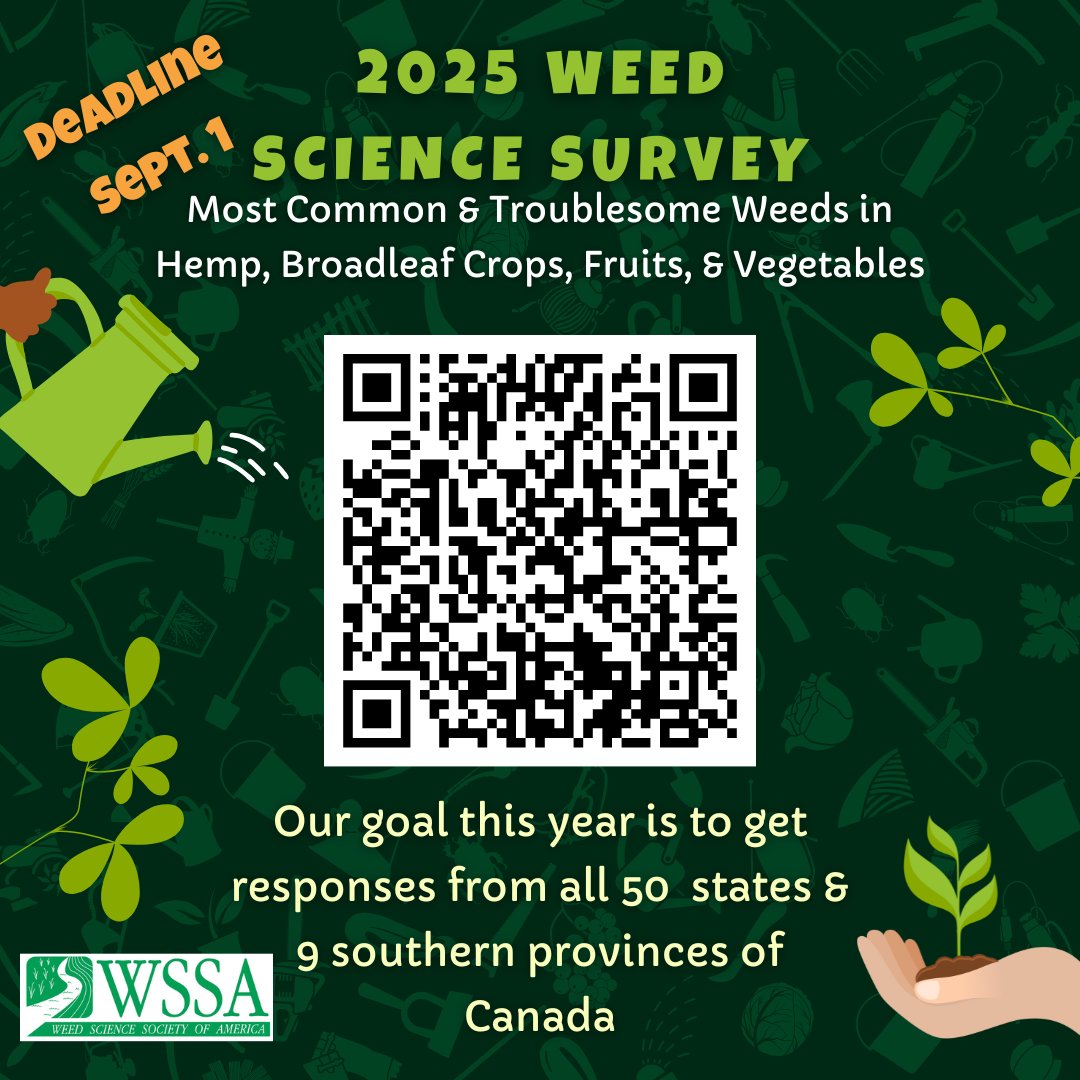 WorldofWeeds's tweet image. 🚨 The 2025 Weed Survey is LIVE! Help ID the most common & troublesome ##weeds in broadleaf crops, #hemp, #fruits & #veggies across the U.S. & Canada.
🗓️ Deadline: Sept 1
🔗 surveymonkey.com/r/2025WeedSurv…
Be specific with weed names!!
#WSSA #weedscience #agriculture #ag