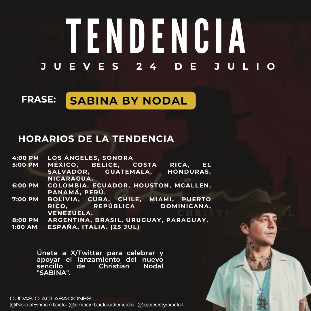 Mañana tenemos tendencia por el estreno del sencillo "Sabina" de Christian Nodal, para los que puedan acompañarnos los esperamos 🫶🏻