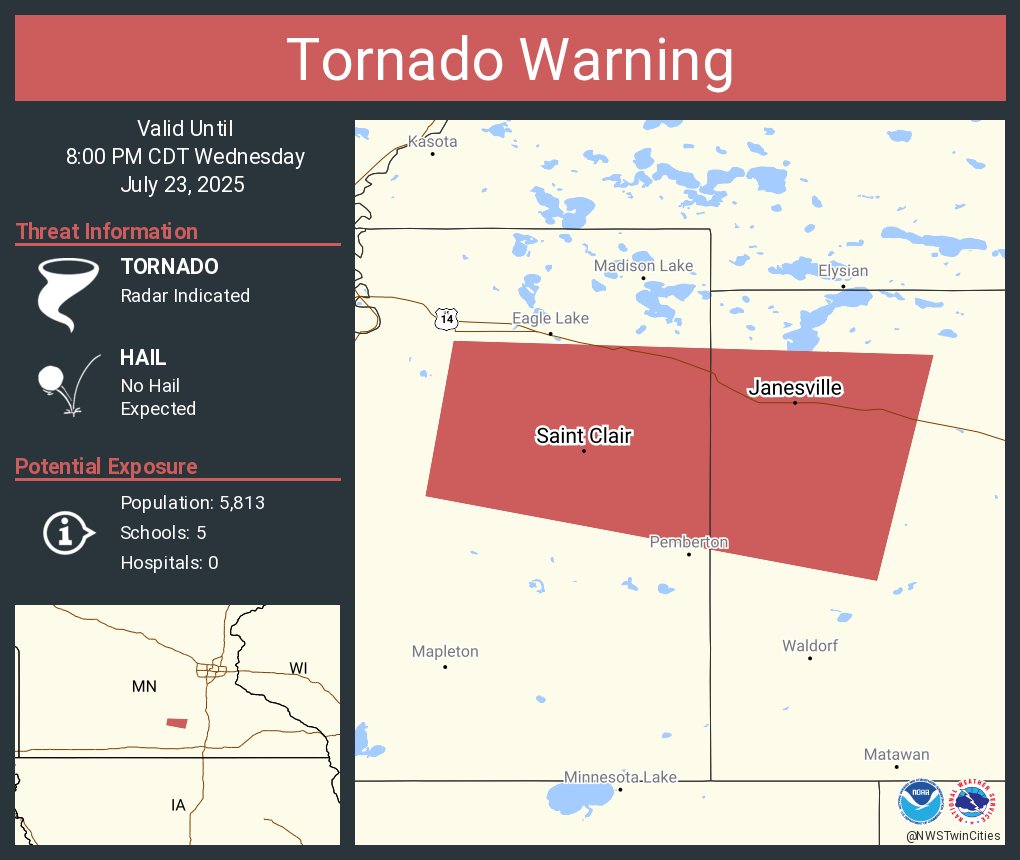 NWStornado's tweet image. Tornado Warning including Janesville MN and Saint Clair MN until 8:00 PM CDT