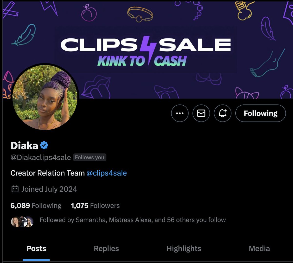 Do you follow <a href="/Diakaclips4sale/">Diaka</a> yet?!  She's a superstar ⭐️ from our Creator Partnerships Team <a href="/clips4sale/">Clips4Sale.com</a>!

She'll be representing us <a href="/FetishCon/">Fetish Con</a> this year - say hi or take a ride on the Clip &amp; Sip City Tour with her on Friday! 🍸🏝️

ps. she can also help you set-up your new store