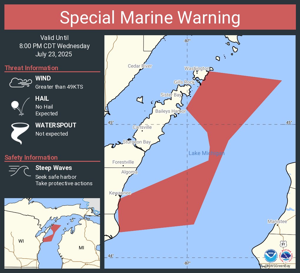 NWSGreenBay's tweet image. Special Marine Warning continues for the Lake Michigan from Sturgeon Bay to Two Rivers WI 5NM offshore to Mid Lake, Lake Michigan from Rock Island Passage to Sturgeon Bay WI 5NM offshore to mid lake and Rock Island Passage to Sturgeon Bay WI until 8:00 PM CDT