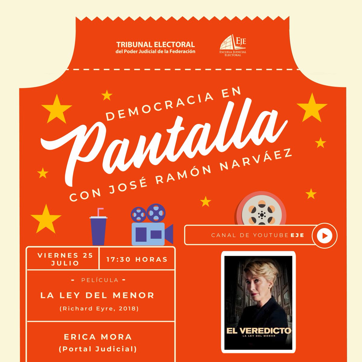TEPJF_EJE's tweet image. ⚖️ ¿Puede la ley decidir por encima de la fe?
Este viernes en #DemocraciaEnPantalla analizamos La ley del menor (Richard Eyre, 2018) con @jrnarvaez y Erica Mora.
🗓️ 25 de julio | 🕠 17:30 h
📺 YouTube EJE bit.ly/4bH3uAf
👩⚖️ Infancia, autonomía y dilemas judiciales.