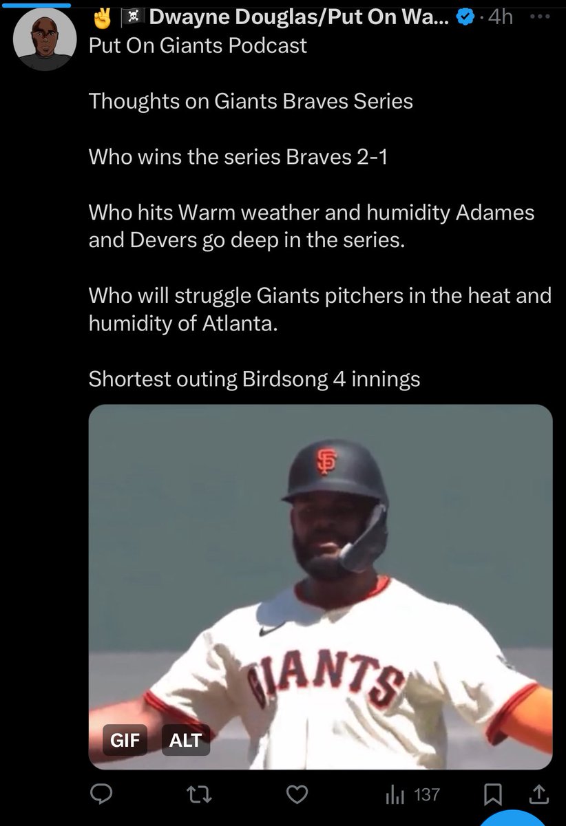 PORSBR's tweet image. Put On Giants Podcast #SfGiants
Well happy I was wrong about the series win for the #Braves but was pretty spot on about the rest.