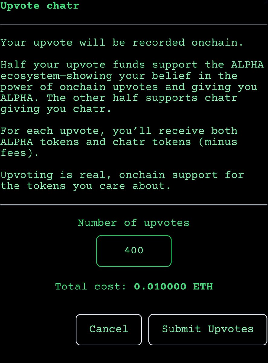 geaux_eth's tweet image. Upvoting on @netprotocolapp is the most viral mechanism I’ve seen in crypto
1 upvote (paid in ETH) buys you the token you want to support AND $alpha
Imagine if $BNKR adopted this mechanism inside the terminal 🤯
You’re seriously underestimating @AspynPalatnick and @0xDeployer