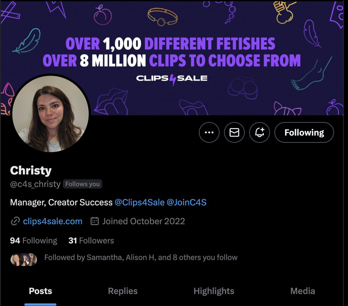 Don't forget to follow <a href="/c4s_christy/">Christy</a> our new <a href="/clips4sale/">Clips4Sale.com</a> Creator Success Manager! 

<a href="/c4s_christy/">Christy</a> has worked <a href="/clips4sale/">Clips4Sale.com</a> for years! She used to run our Support team, worked in Product building our platform and now she leads our Creator Success Team!  💜✨

Meet her at <a href="/FetishCon/">Fetish Con</a>