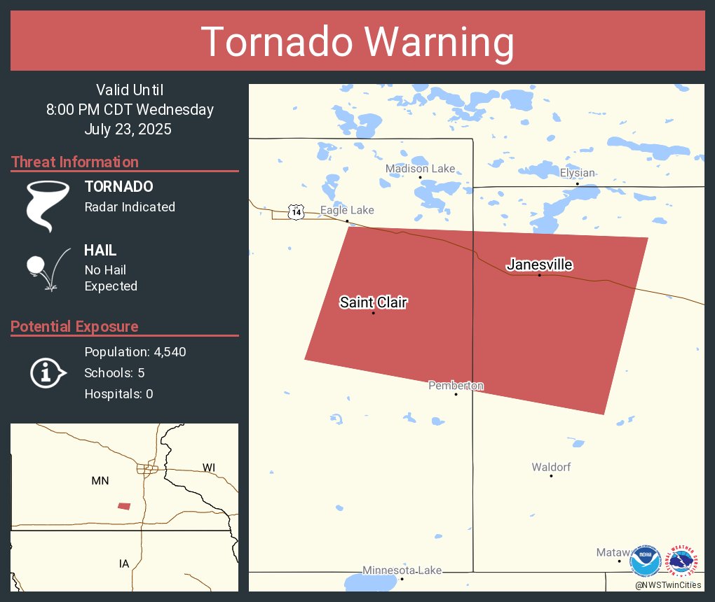 NWStornado's tweet image. Tornado Warning continues for Janesville MN and Saint Clair MN until 8:00 PM CDT