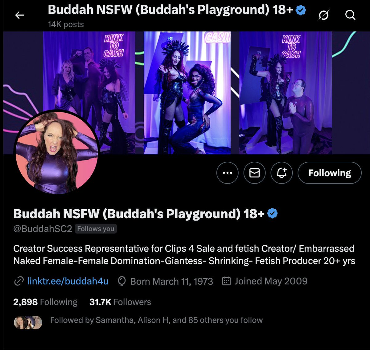 I have tried to fire this troublemaker for years but <a href="/BuddahSC2/">Buddah NSFW (Buddah's Playground) 18+</a> just WILL NOT leave <a href="/clips4sale/">Clips4Sale.com</a> - she just loves our Creators too much 💜✨

ALL JOKES ASIDE. I love this woman and you will too!

Meet her <a href="/FetishCon/">Fetish Con</a> - she's hosting the <a href="/clips4sale/">Clips4Sale.com</a> Main Stage this year! 🤩