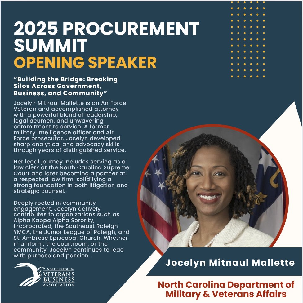 Meet Our Opening Speaker for the NCVETBIZ 2025 Annual Procurement Summit: Jocelyn Mitnaul Mallette! 🇺🇸 <a href="/NCDMVA/">NCDMVA</a> 

📍Get your tickets today: ncvetbiz.org/procurement-su…