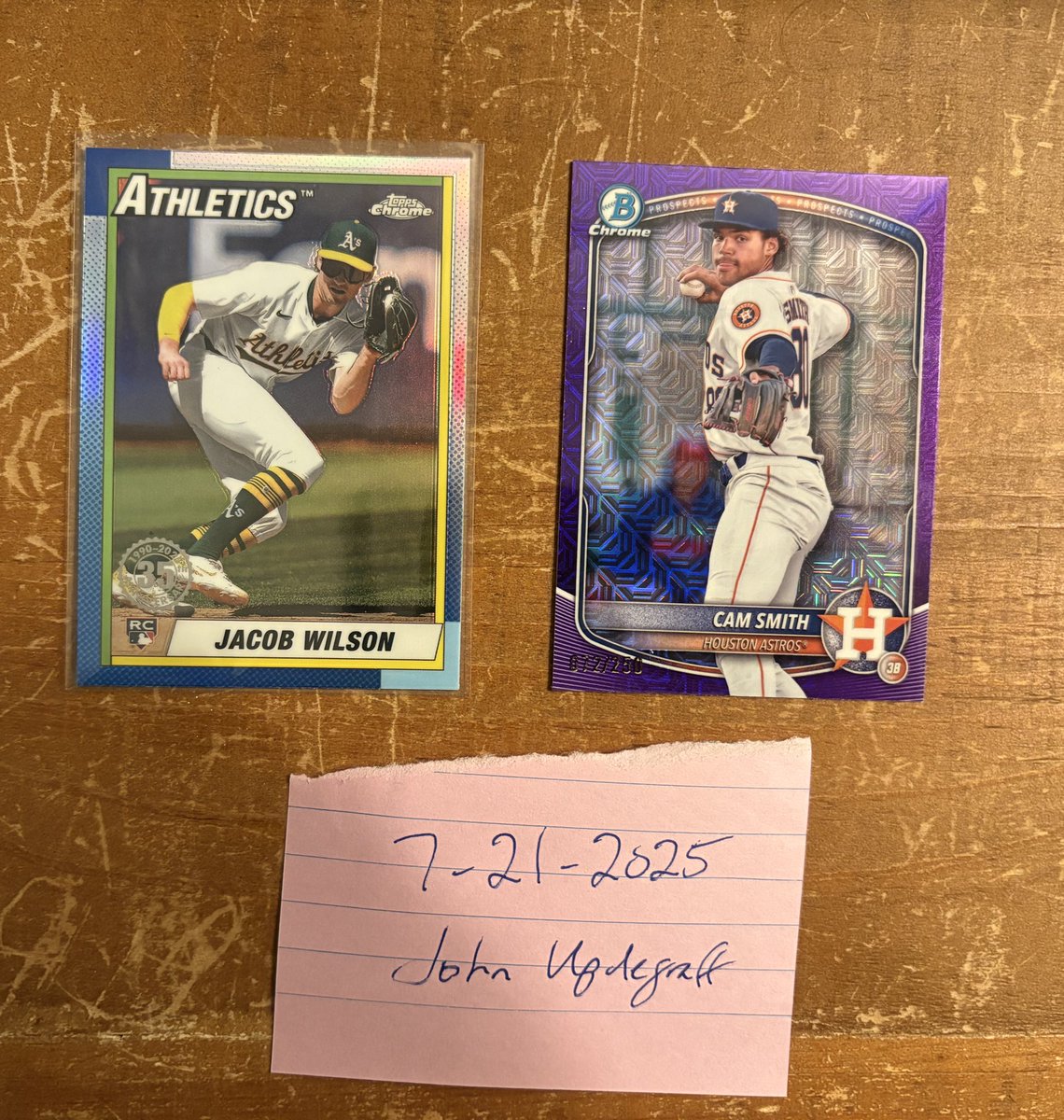j_updegraff's tweet image. 25 Topps Chrome Jacob Wilson RC 90 Throwback - $5 PWE
25 Bowman Mega Cam Smith Purple Mojo /250 - $10 PWE @davisdugout @HeathElliott79