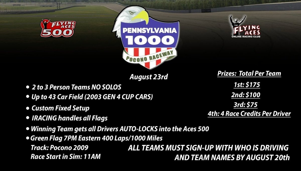 Mark those calendars! 📆🗓️

We're going Team Racing courtesy of <a href="/Ole4Name/">Warren Kyle Keith</a> on August 23.

We will run the Pennsylvania 1000 at <a href="/PoconoRaceway/">Pocono Raceway</a> (2009) in the Gen 4 cars!