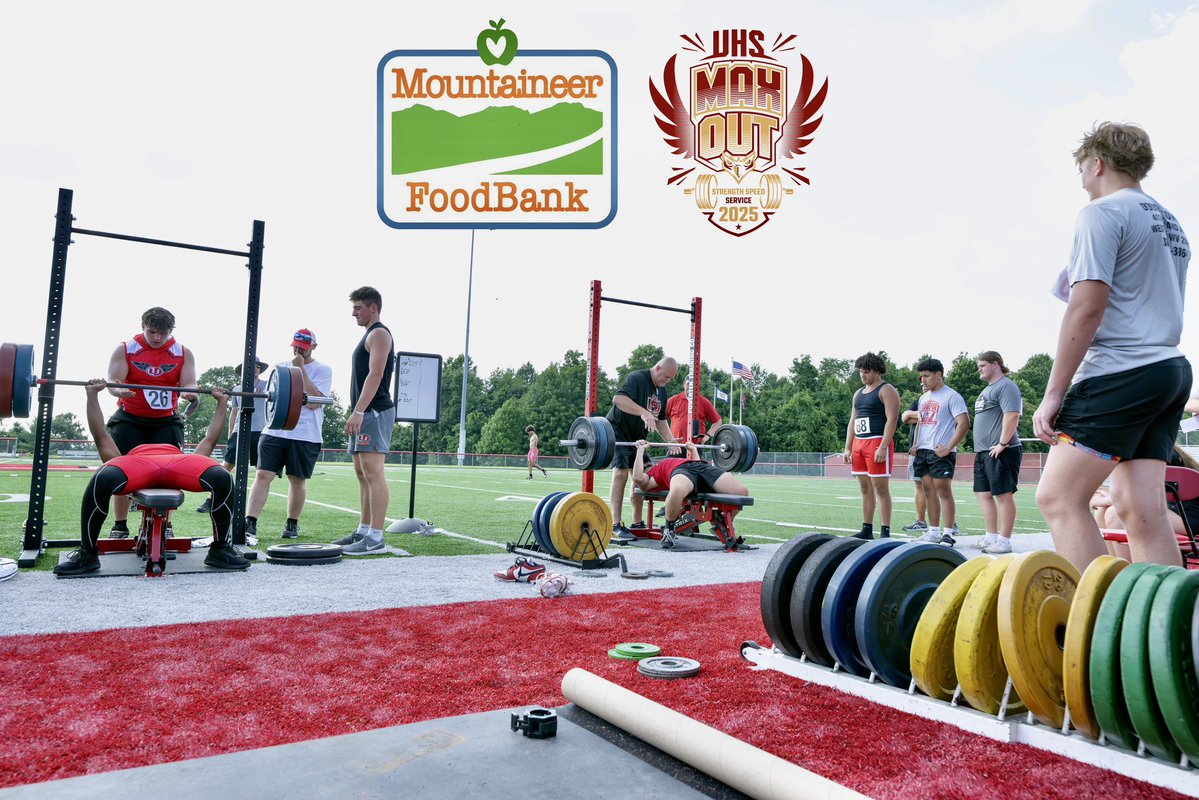 uhshawksfb's tweet image. Happy to share our 2025 UHS Max Out event collected more than $1,400 and two 40-gallon drums of shelf-stable food items for the Mountaineer Foodbank Veterans Table Feeding Program. Thank you @UHSHawks athletic director Jeff Bailey, UHS Athletic Boosters, Fox's Pizza Den Cheat…