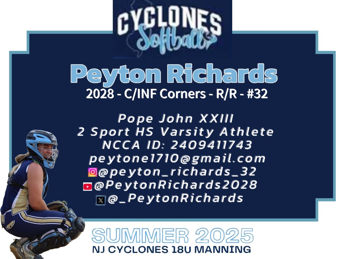 Peyton Richards 2028 (@_peytonrichards) on Twitter photo Here is my schedule for this weekend. I am excited for an actual tournament. Let's Go <a href="/CyclonesNj/">cyclones_softball_nj</a>!
<a href="/SBRRetweets/">Softball Recruiting Reposts</a> <a href="/LL7NV/">College Recruiter</a> <a href="/TopPreps/">SPORTS NEWS, VIDEOS, GRAPHICS, EXPOSURE & MORE</a> <a href="/TOP_D1RECRUITS/">Softball Top Preps Retweet</a> <a href="/LineDsoftball/">Line Drive Media</a> <a href="/ExtraInningSB/">EXTRA INNING SOFTBALL</a> <a href="/FastpitchAthRec/">Fastpitch Athlete Recruits</a> <a href="/SoftballRecruit/">Softball Recruit 🥎</a> <a href="/gobigrecruiting/">Go Big Recruiting</a> <a href="/IHartFastpitch/">I❤️Fastpitch</a> <a href="/gatorjack72/">Girls In The Game</a> <a href="/softball_dugout/">The Softball Dugout</a> Here is my schedule for this weekend. I am excited for an actual tournament. Let's Go <a href="/CyclonesNj/">cyclones_softball_nj</a>!
<a href="/SBRRetweets/">Softball Recruiting Reposts</a> <a href="/LL7NV/">College Recruiter</a> <a href="/TopPreps/">SPORTS NEWS, VIDEOS, GRAPHICS, EXPOSURE & MORE</a> <a href="/TOP_D1RECRUITS/">Softball Top Preps Retweet</a> <a href="/LineDsoftball/">Line Drive Media</a> <a href="/ExtraInningSB/">EXTRA INNING SOFTBALL</a> <a href="/FastpitchAthRec/">Fastpitch Athlete Recruits</a> <a href="/SoftballRecruit/">Softball Recruit 🥎</a> <a href="/gobigrecruiting/">Go Big Recruiting</a> <a href="/IHartFastpitch/">I❤️Fastpitch</a> <a href="/gatorjack72/">Girls In The Game</a> <a href="/softball_dugout/">The Softball Dugout</a>