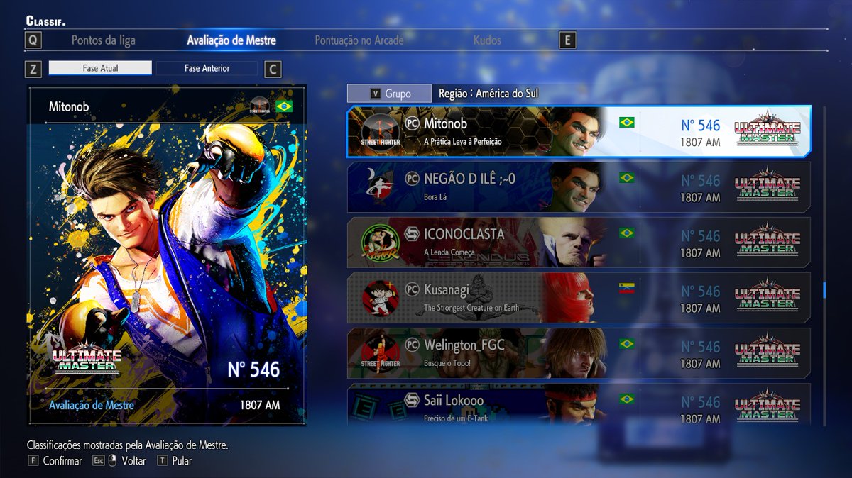 Mitonob's tweet photo. Hoje eu bati 1800 AM na ranked do Street fighter 6 jogando de Luke e pegando Ultimate Master pela primeira vez!

Top 349 BR 🇧🇷
Top 546 América Latina 👊

#Kombatzone #GOKombatZone #FGC #PLAYERON #sf6 https://t.co/Z4R5NcCxPh
