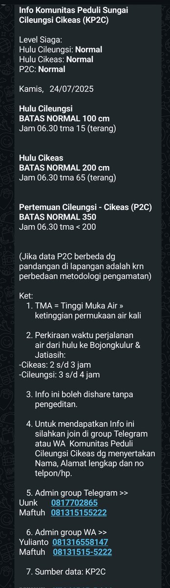 KP2C (@kp2c_info) on Twitter photo InfoKP2C #TMA #Kamis24Juli2025 hulu Cileungsi, Cikeas & P2C Normal. Cileungsi dan Cikeas terang <a href="/infoJATIASIH/">Jatiasih™</a> <a href="/kec_jatiasih/">KECAMATAN JATIASIH | #AyoPakaiMasker</a> <a href="/pemkotbekasi/">Pemerintah Kota Bekasi</a> <a href="/bogorkab/">Pemerintah kabupaten Bogor | #75TahunJabar</a> <a href="/BPBDJabar/">BPBD Provinsi Jawa Barat</a> <a href="/bpbdbogorkab/">bpbdbogorkab</a> <a href="/pastigana/">Pastigana BNPB</a> <a href="/txtdrbekasi/">TxtdariBekasy 🇵🇸</a> #SiapUntukSelamat #BudayaSadarBencana #StaySafe #StayHealthy InfoKP2C #TMA #Kamis24Juli2025 hulu Cileungsi, Cikeas & P2C Normal. Cileungsi dan Cikeas terang <a href="/infoJATIASIH/">Jatiasih™</a> <a href="/kec_jatiasih/">KECAMATAN JATIASIH | #AyoPakaiMasker</a> <a href="/pemkotbekasi/">Pemerintah Kota Bekasi</a> <a href="/bogorkab/">Pemerintah kabupaten Bogor | #75TahunJabar</a> <a href="/BPBDJabar/">BPBD Provinsi Jawa Barat</a> <a href="/bpbdbogorkab/">bpbdbogorkab</a> <a href="/pastigana/">Pastigana BNPB</a> <a href="/txtdrbekasi/">TxtdariBekasy 🇵🇸</a> #SiapUntukSelamat #BudayaSadarBencana #StaySafe #StayHealthy