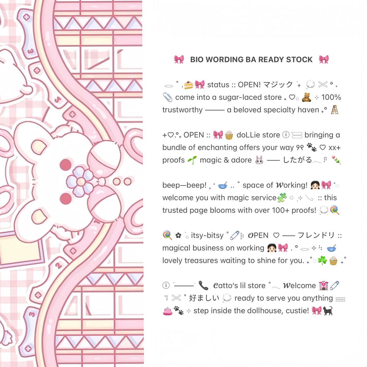 ofKathie's tweet image. ⠀
ꔛ 𓈒˚  ⊹    help retweet? tysm!   ⊹

⁺ 𓂋 𓈒 🐾  halo! aku bawain 50 bio wording ready stock for BA . . .  🎀🧁  bisa kamu jemput with price IDR. 3.500 ▷˚﹢ 🍭👛 check ALT for more  ୧ ׅ ࣪ ⊹ ketuk DM untuk order ₊˚ ♡۫  💭🥣

♡ ꒰   #zonauang   ׂ꒱ ♡
⠀