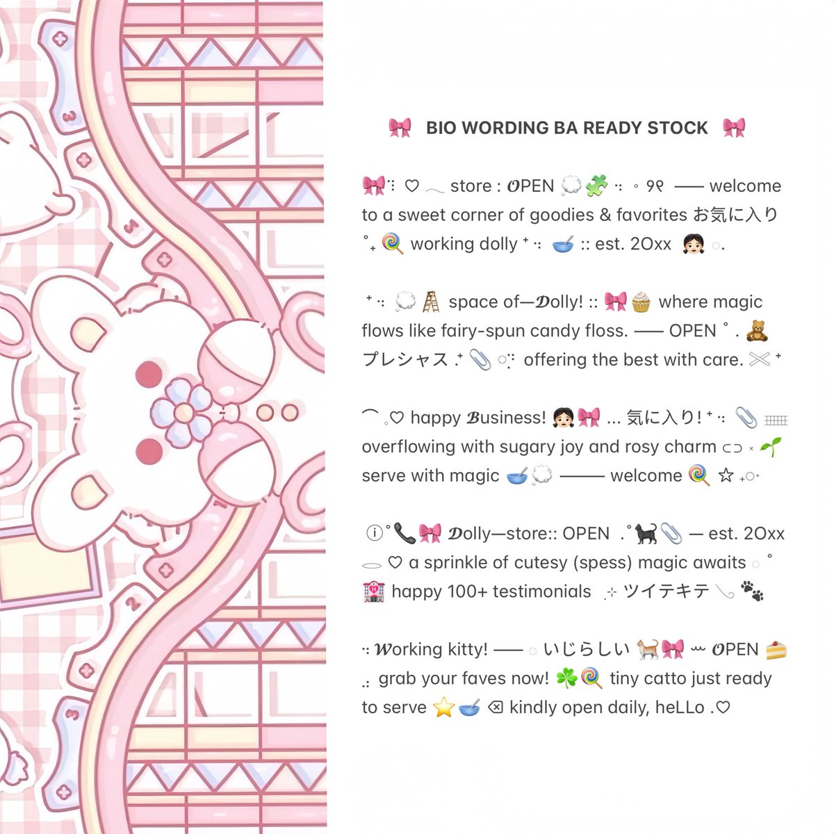 ofKathie's tweet image. ⠀
ꔛ 𓈒˚  ⊹    help retweet? tysm!   ⊹

⁺ 𓂋 𓈒 🐾  halo! aku bawain 50 bio wording ready stock for BA . . .  🎀🧁  bisa kamu jemput with price IDR. 3.500 ▷˚﹢ 🍭👛 check ALT for more  ୧ ׅ ࣪ ⊹ ketuk DM untuk order ₊˚ ♡۫  💭🥣

♡ ꒰   #zonauang   ׂ꒱ ♡
⠀