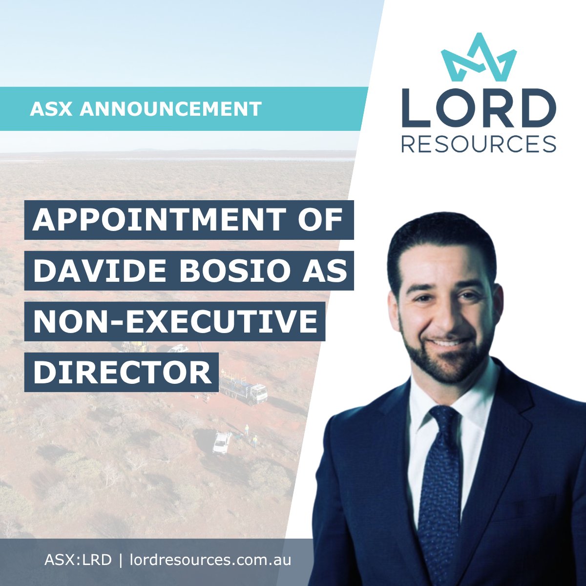 LordResources's tweet image. $LRD welcomes Davide Bosio as a Non-Executive Director.
Davide is an experienced Company Director with significant financial services, resources and listed company experience, currently serving as a Non-Executive Director at gold producer, Black Cat Syndicate Limited (ASX: BC8)…