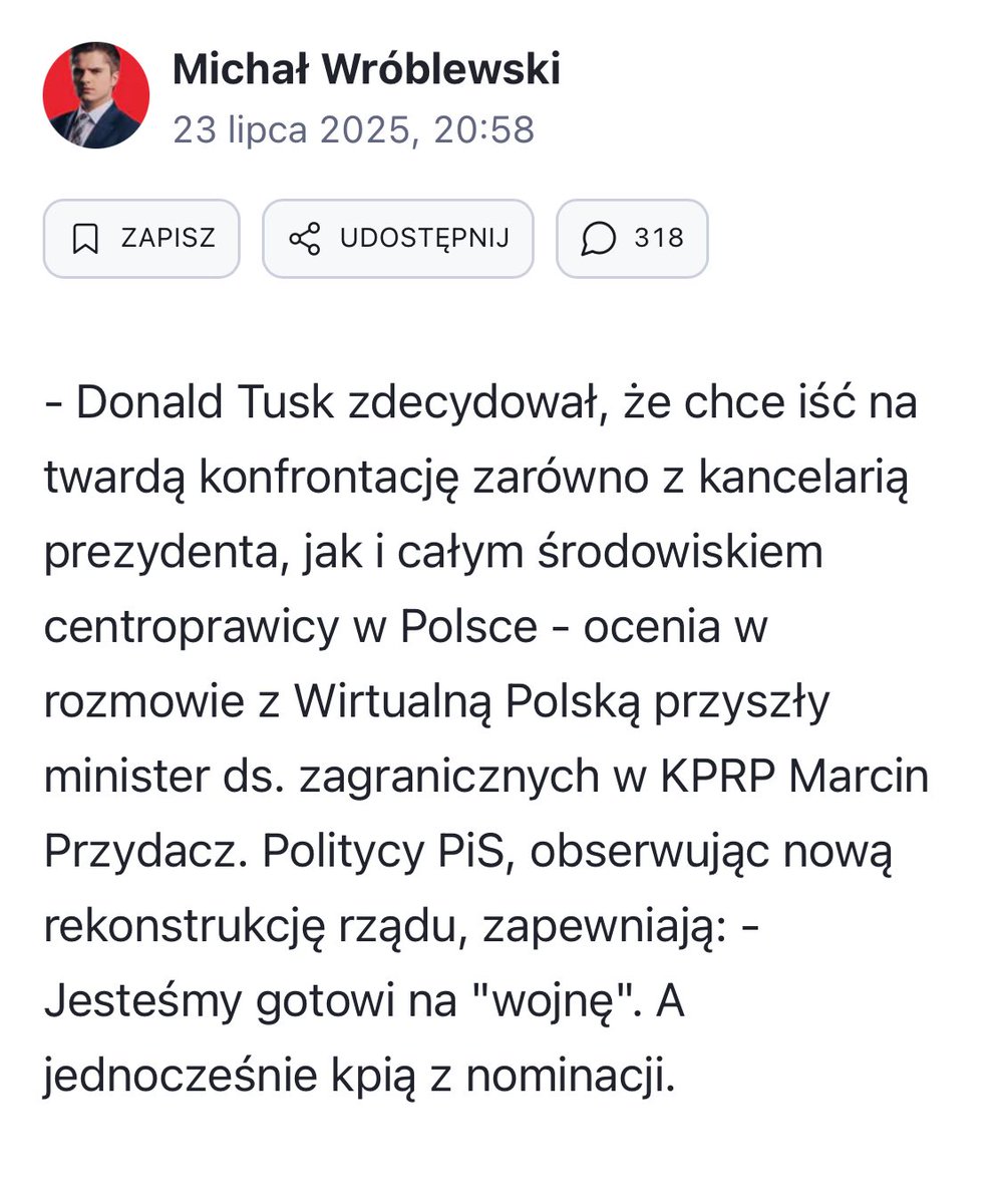 Tak się kłamie. Tak kłamie Wróblewski i WP.
Najpierw teza z dupy, potem źródło, typu Przydacz, który jest pisowską szczekaczką.
Wszystko to okraszone pięknym nagłówkiem, który nie pozostawia „czytelnikowi” wątpliwości co i jak ma myśleć.
Oczywiście zero polemiki.
 
Przekaz jest