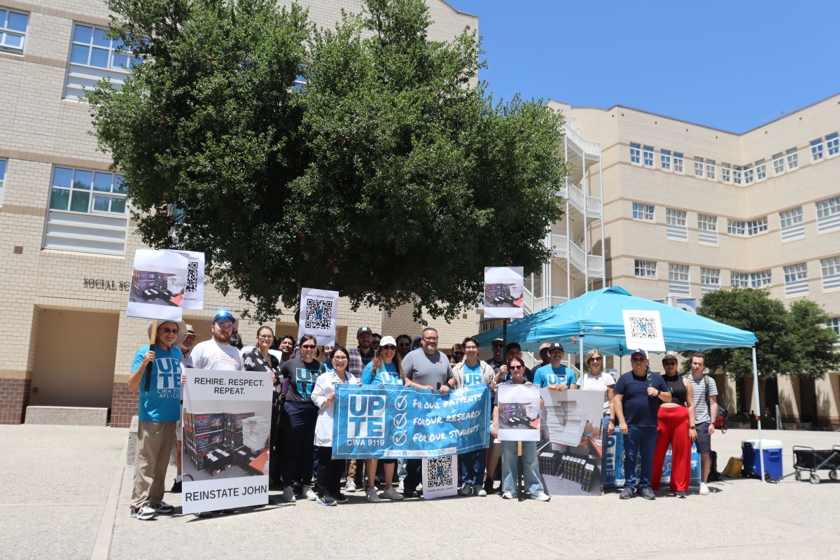 UPTECWA's tweet image. Today we let UCI know LOUD and CLEAR that we are going to continue to demand justice for laid-off IT workers John Salinas and Sandi Pearson. Both performed critical roles in their departments, and these cuts make NO sense. Sign and share our new petition: upte.org/dorightuci