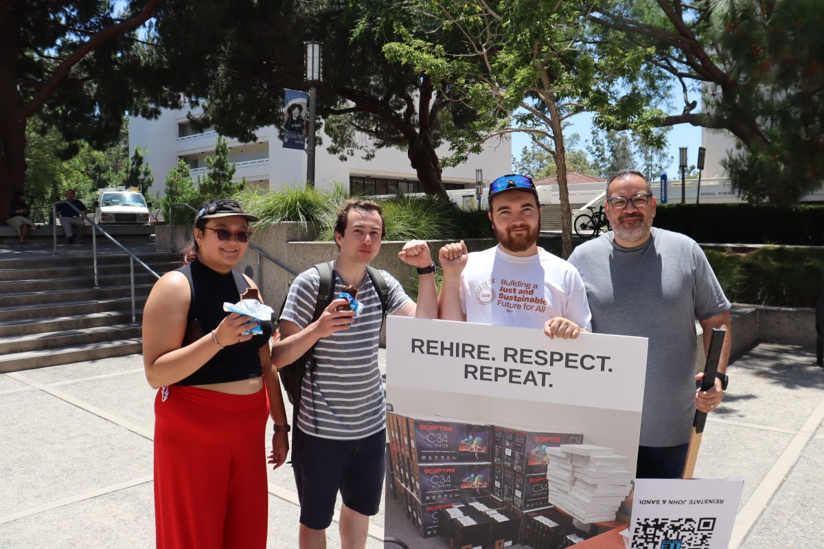 UPTECWA's tweet image. Today we let UCI know LOUD and CLEAR that we are going to continue to demand justice for laid-off IT workers John Salinas and Sandi Pearson. Both performed critical roles in their departments, and these cuts make NO sense. Sign and share our new petition: upte.org/dorightuci