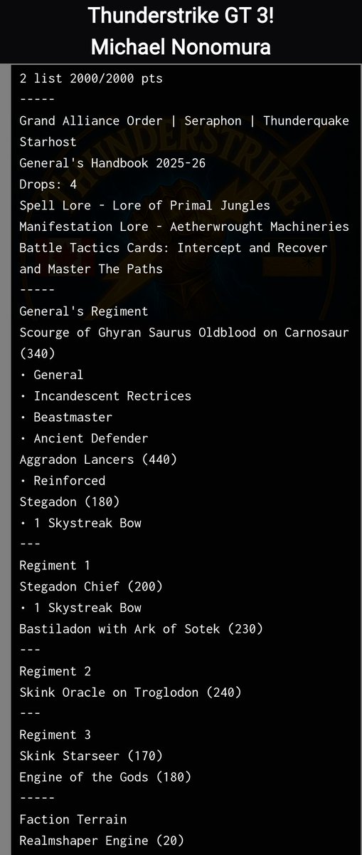 Best Seraphon list from last weekend:

Finally a 5-0 Seraphon list!!

Michael Nonomura with a Thunderquake list! 💪💪

4 drops, 6 Aggradons, 6 Monsters!