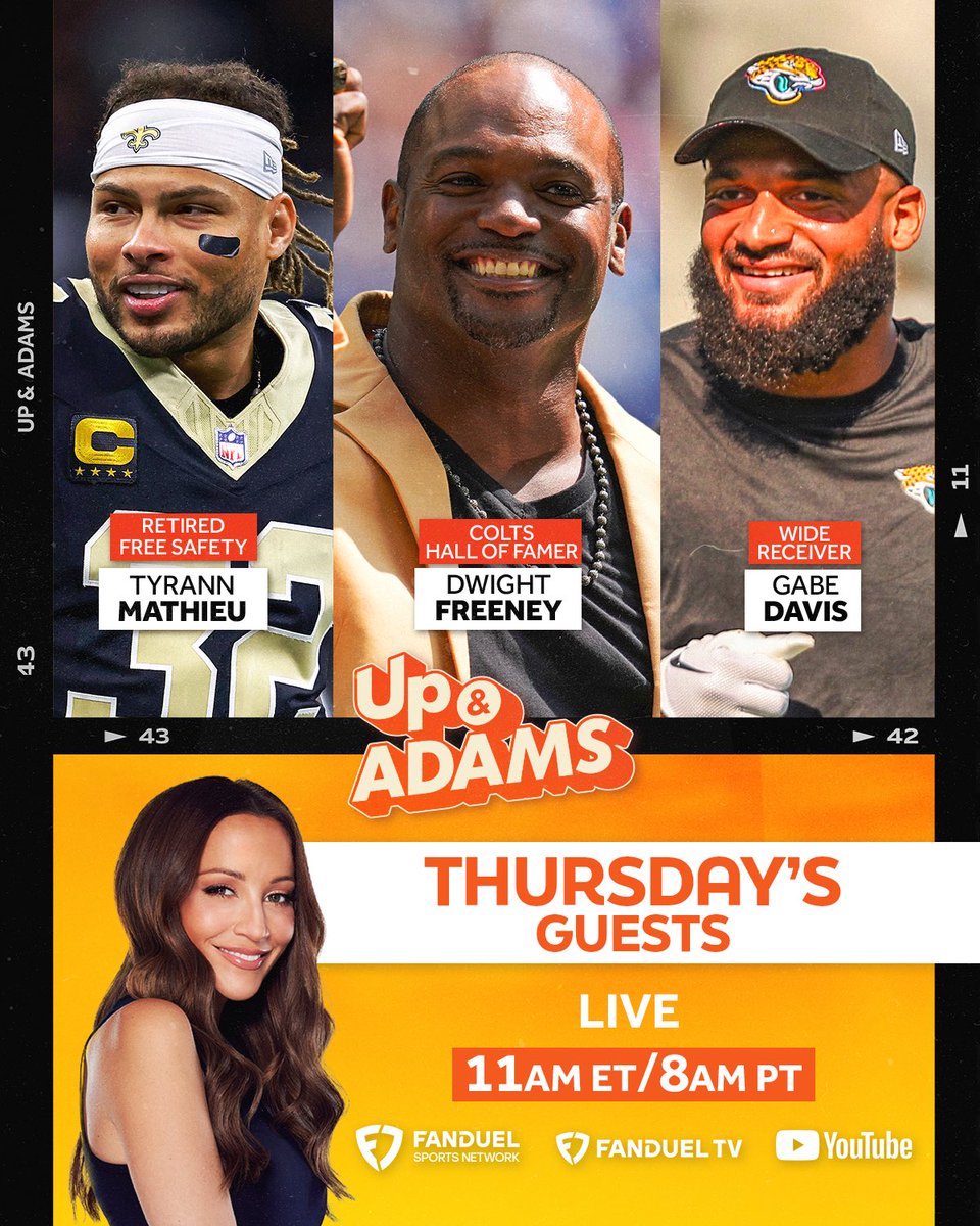 UpAndAdamsShow's tweet image. Retired FS Tyrann Mathieu, HOF'er Dwight Freeney & WR Gabe Davis tomorrow at 11am ET! 🙌
@heykayadams | @Mathieu_Era @dwightfreeney @gabedavis13_