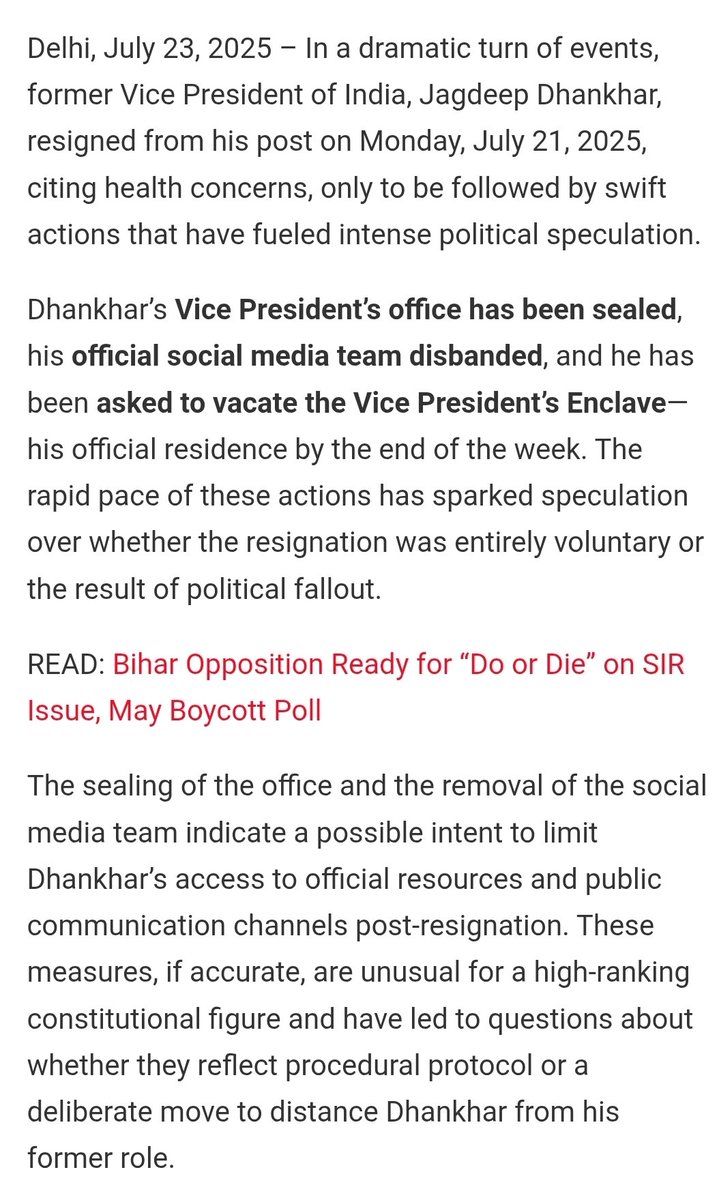 यह Mother of Democracy है
या Father of Fascism ?
✨️✨️✨️✨️✨️
👉धनखर न मीडिया से मिल सकते हैं और न सांसदों से
👉उनके घर से निकलने पर प्रतिबंध है - यह नजरबंदी है
👉उन पर कोई भी वक्तव्य न देने की भी पाबन्दी है

यही तो आपातकाल है - हिटलर शाही है