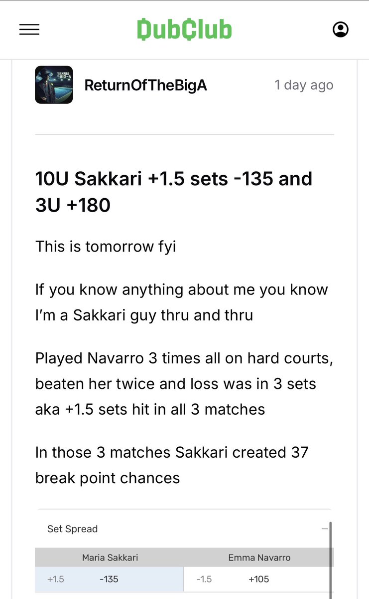 ReturnOfTheBigA's tweet image. Maria Sakkari DOMINATES this matchup
Cash 10U Sakkari +1.5 sets -135 ✅
Cash 3U Sakkari +180 ✅
She OWNS Navarro, cash the Big A’s favorite play of the day 💰 💰
Hit her live as well in set 1 & 2 🫡
dubclub.win/ReturnOfTheBig…