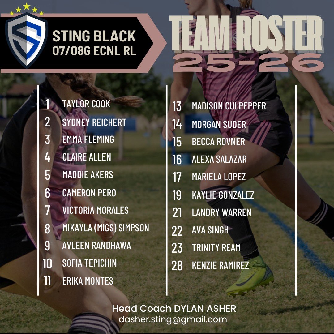 Sting 08 Black ECNL RL (@ecnl_rl_08) on Twitter photo ‼️𝐀𝐧𝐧𝐨𝐮𝐧𝐜𝐢𝐧𝐠 𝐎𝐮𝐫 𝟐𝟓-𝟐𝟔 𝐏𝐥𝐚𝐲𝐞𝐫 𝐑𝐨𝐬𝐭𝐞𝐫‼️
<a href="/StingSoccerClub/">Sting Soccer Club</a> <a href="/ECNLgirls/">ECNL Girls</a> <a href="/ImYouthSoccer/">ECNL/GA/Recruiting/College Soccer</a> <a href="/PrepSoccerTX/">Prep Soccer Texas</a> <a href="/DylanAsher_2/">Dylan Asher</a> <a href="/tomas_boyle5/">Tomás Boyle</a> <a href="/adamflynnAF/">Adam Flynn</a> ‼️𝐀𝐧𝐧𝐨𝐮𝐧𝐜𝐢𝐧𝐠 𝐎𝐮𝐫 𝟐𝟓-𝟐𝟔 𝐏𝐥𝐚𝐲𝐞𝐫 𝐑𝐨𝐬𝐭𝐞𝐫‼️
<a href="/StingSoccerClub/">Sting Soccer Club</a> <a href="/ECNLgirls/">ECNL Girls</a> <a href="/ImYouthSoccer/">ECNL/GA/Recruiting/College Soccer</a> <a href="/PrepSoccerTX/">Prep Soccer Texas</a> <a href="/DylanAsher_2/">Dylan Asher</a> <a href="/tomas_boyle5/">Tomás Boyle</a> <a href="/adamflynnAF/">Adam Flynn</a>