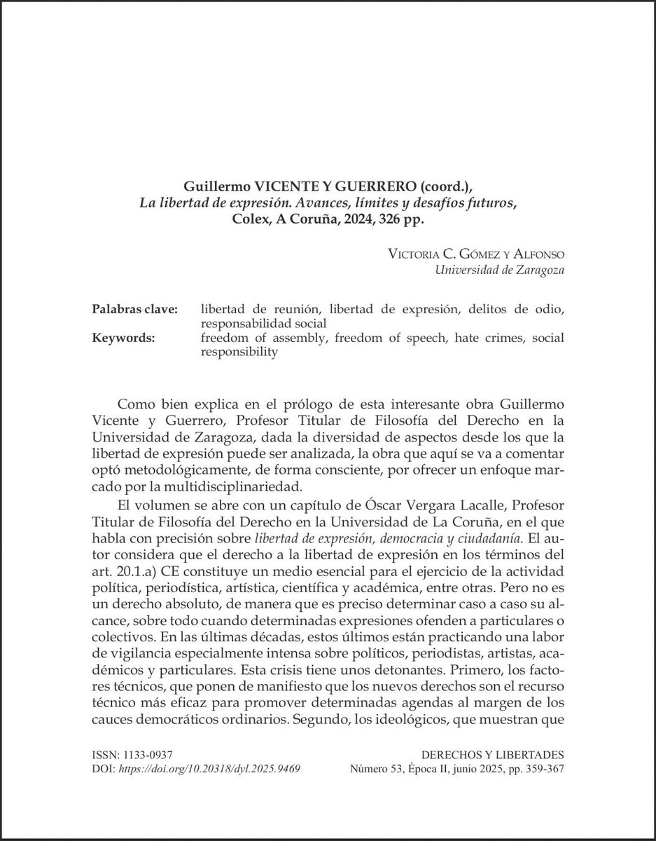 📘 #RevistaDerechosyLibertades Nº 53 (2025) <a href="/idhbc_uc3m/">Derechos Humanos (IDHPB)</a> <a href="/uc3m/">UC3M</a> <a href="/dykinsonlibros/">Librería - Editorial Dykinson 📚</a>

📣 Hoy en la sección #Recensiones 🖋️ “La libertad de expresión. Avances y desafíos” de #GuillermoVicenteyGuerrero (coord.) a cargo de #VictoriaGómezyAlfonso

⬇️¡Léelo aquí!⬇️
🔗doi.org/10.20318/dyl.2…
