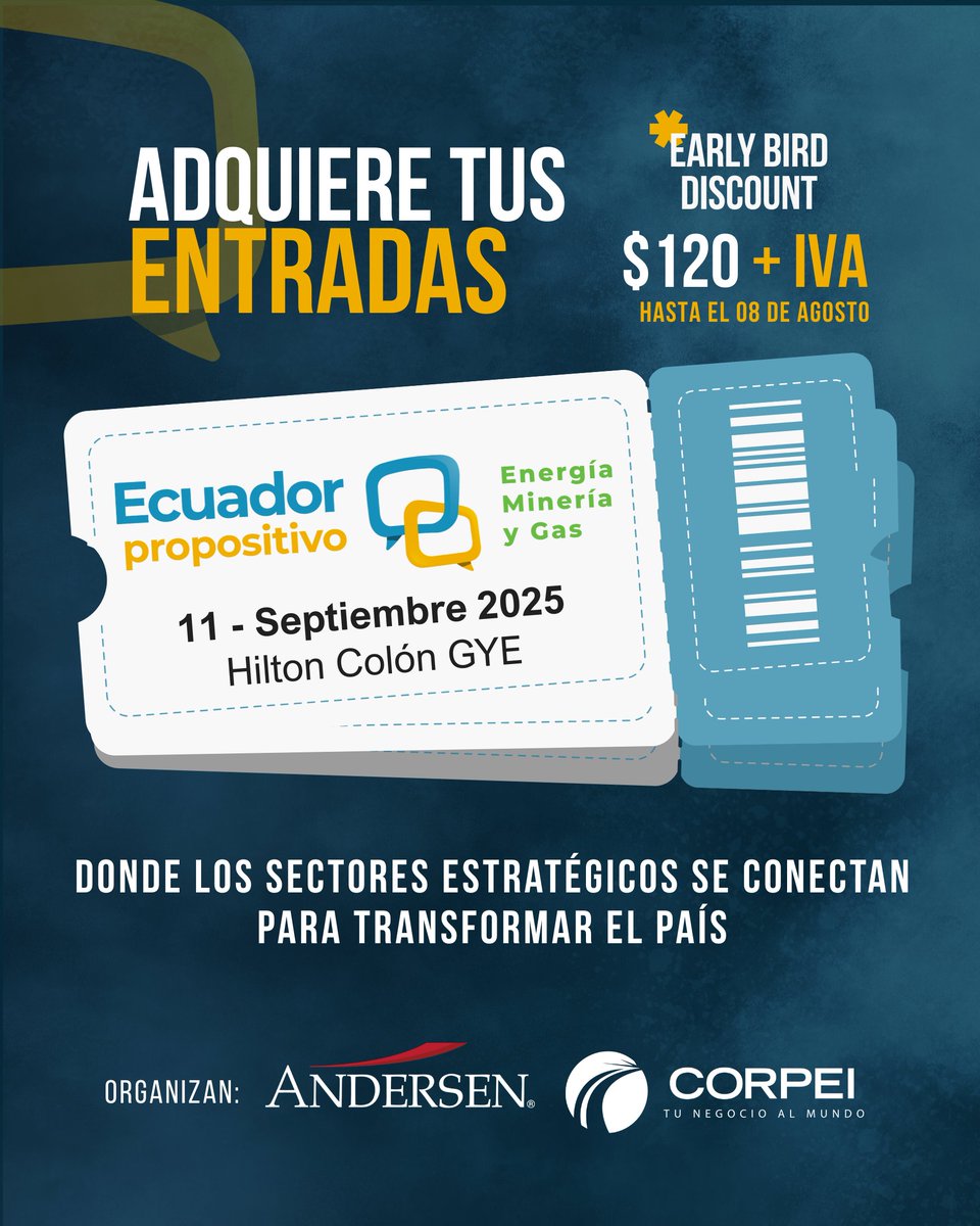 Andersen_EC's tweet image. 📢Entradas ya disponibles para 𝗘𝗰𝘂𝗮𝗱𝗼𝗿 𝗣𝗿𝗼𝗽𝗼𝘀𝗶𝘁𝗶𝘃𝗼: 𝗘𝗻𝗲𝗿𝗴í𝗮, 𝗠𝗶𝗻𝗲𝗿í𝗮 𝘆 𝗚𝗮𝘀.
🔷 Conferencias magistrales
🔷 Paneles con líderes en el sector
🔷 Networking empresarial
🎟️𝗣𝗿𝗲𝗰𝗶𝗼 𝗘𝗮𝗿𝗹𝘆 𝗯𝗶𝗿𝗱 USD120 : lnkd.in/e7DkWGHN