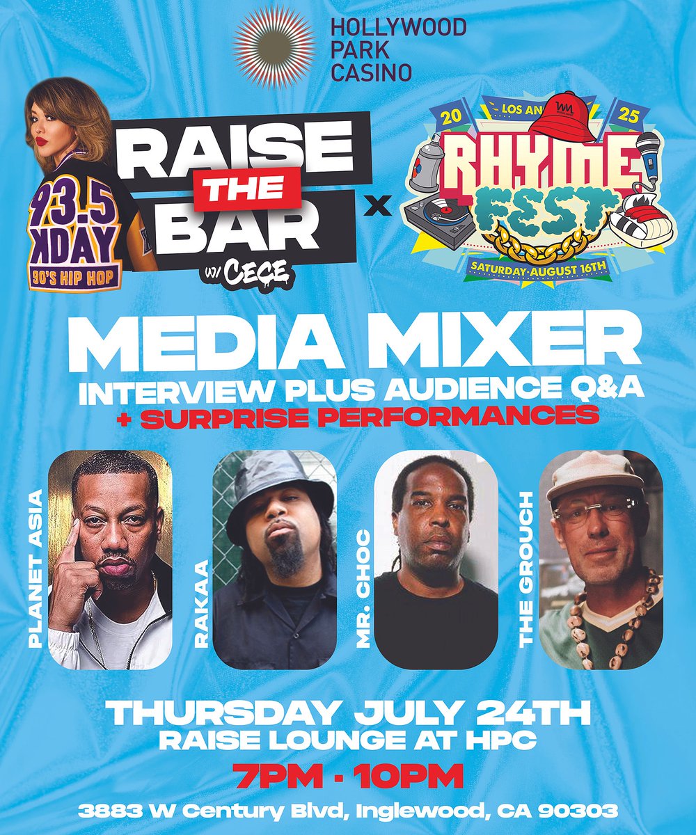 🚨 HIP-HOP FANS!
We’re takin’ over Hollywood Park Casino for the Rhymefest Pre-Party — and it’s goin’ up 🔥
🗓 7/24 | 7–10pm
🔥 Planet Asia LIVE + a freestyle surprise
🎟️ Pull up + you could win tickets to Rhymefest!
🎲 21+ • FREE w/ RSVP → 935KDAY.com/HPC