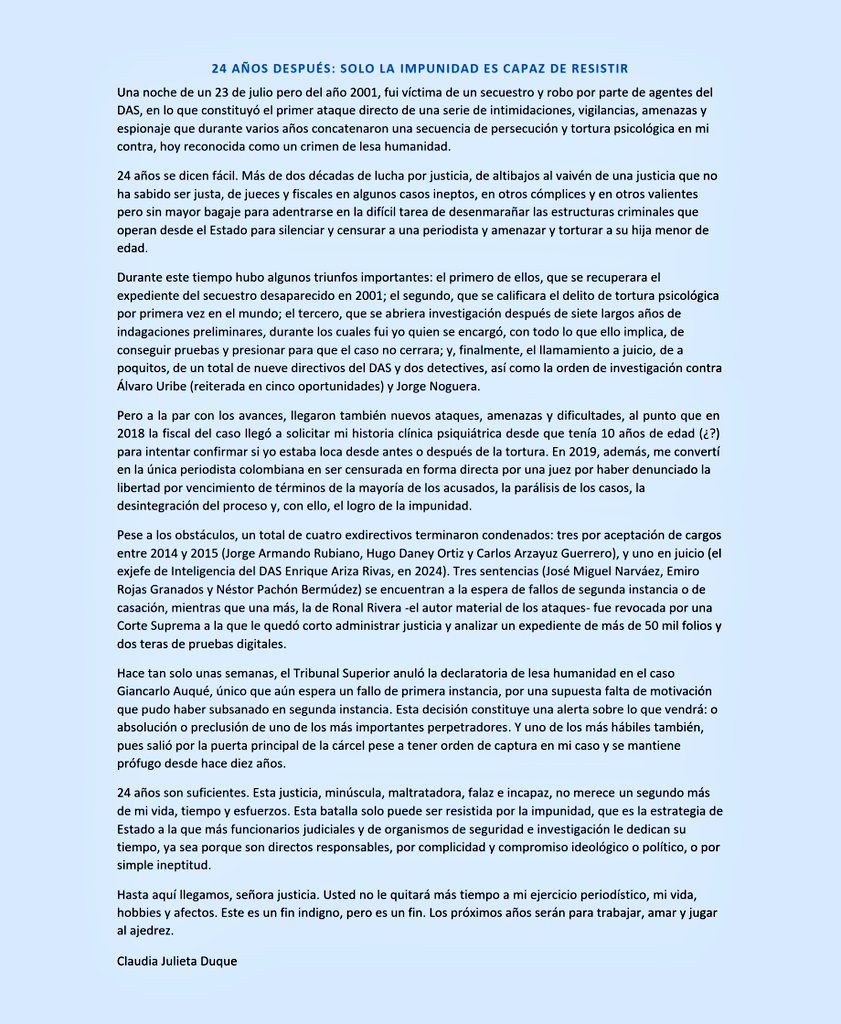 JulieDuque1's tweet image. 24 AÑOS DESPUÉS: SOLO LA IMPUNIDAD ES CAPAZ DE RESISTIR
Manifiesto ante una justicia minúscula y en minúsculas ⬇️