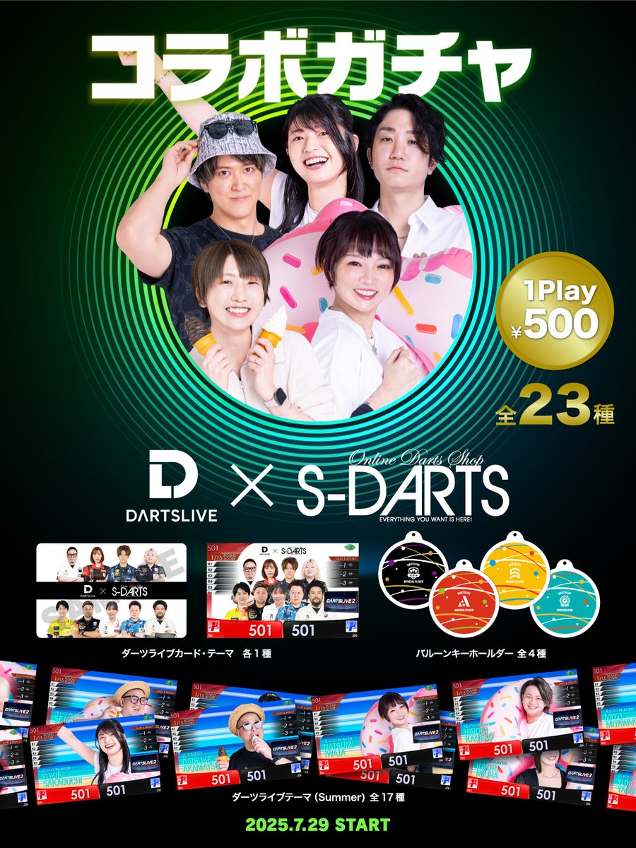 DARTSLIVE's tweet image. DARTSLIVE × S-DARTS コラボガチャ
7/29 (火)発売📢
ダーツライブプレイヤーグッズがエスダーツコラボバージョンで登場!
S-DARTS OFFICIAL PLAYERのダーツライブカードやテーマなどの激レアアイテムに加え、選手の夏らしいダーツライブテーマ、バルーン型のキーホルダーなどをご用意🍉…