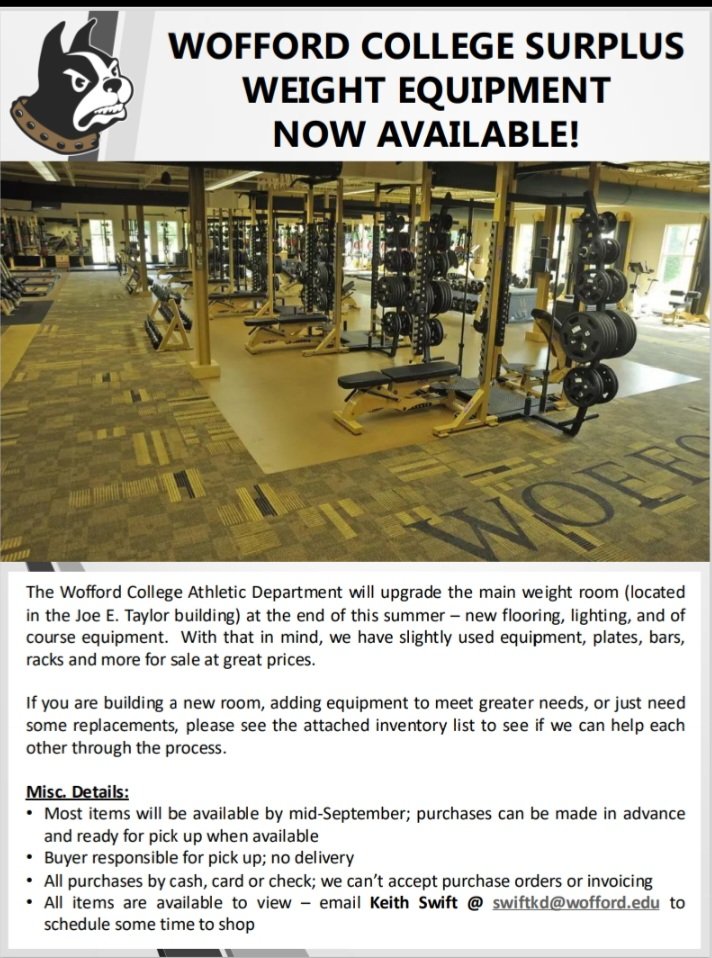 Keith Swift MS | CSCS | SCCC | RSCC*D | RPR| (@coachswift93) on Twitter photo WEIGHT ROOM EQUIPMENT SALE! 🔥
We're upgrading and offering high-quality strength gear at a BIG discount. Great for:
✅ High schools
✅ Home gyms
✅ Training facilities
📋 Product list by request
📩 swiftkd@wofford.edu
Act fast—moving quick! 🏃♂️💨
#GymEquipment WEIGHT ROOM EQUIPMENT SALE! 🔥
We're upgrading and offering high-quality strength gear at a BIG discount. Great for:
✅ High schools
✅ Home gyms
✅ Training facilities
📋 Product list by request
📩 swiftkd@wofford.edu
Act fast—moving quick! 🏃♂️💨
#GymEquipment