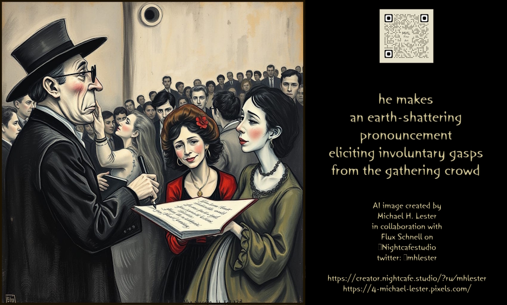 mhlester's tweet image. he makes
an earth-shattering
pronouncement
eliciting involuntary gasps
from the gathering crowd
AI image created by
Michael H. Lester
in collaboration with
Flux Schnell on
@Nightcafestudio
creator.nightcafe.studio/?ru=mhlester
4-michael-lester.pixels.com