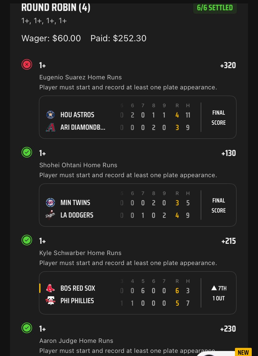 SJP954's tweet image. $100 ➡️ $491✅🤑
IN round robin we TRUST 🙏🏾 3 out of 4 dingers 🛎️ we will ALWAYS take that‼️BY GAWD ya love to see it👀 let’s fucking GOOOOOO‼️
Get a 🆓 Trial ~ dubclub.win/r/p/pri-4dk9j/… of my TOP PLAYS