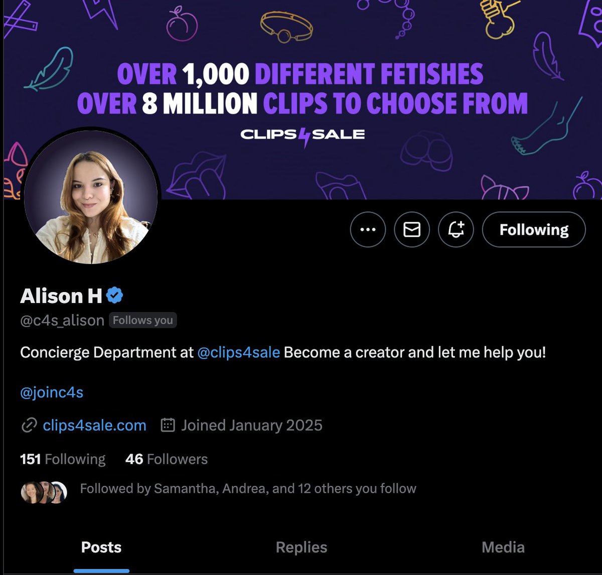 Can't forget <a href="/c4s_alison/">Alison H</a> our Concierge Manager ✨

Studio &amp; production partners - <a href="/c4s_alison/">Alison H</a> and her team can get you set-up and thriving on <a href="/clips4sale/">Clips4Sale.com</a> 💰

DM her to get started 💌 👋