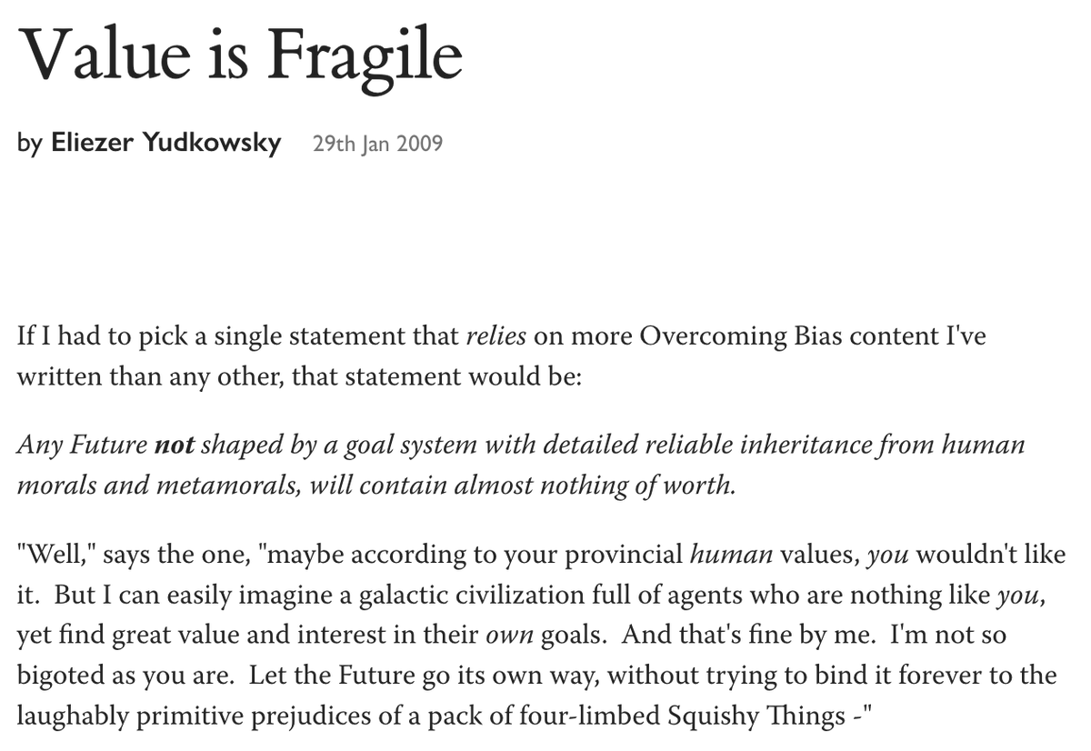 danfaggella's tweet image. yud was way ahead of his time thinking about these things - WAY ahead
the intuition that we should extend up and out from "human values" I think makes sense - starting in random latent mind-space is probably a bad idea
but framing man's values as THAT special I disagree with