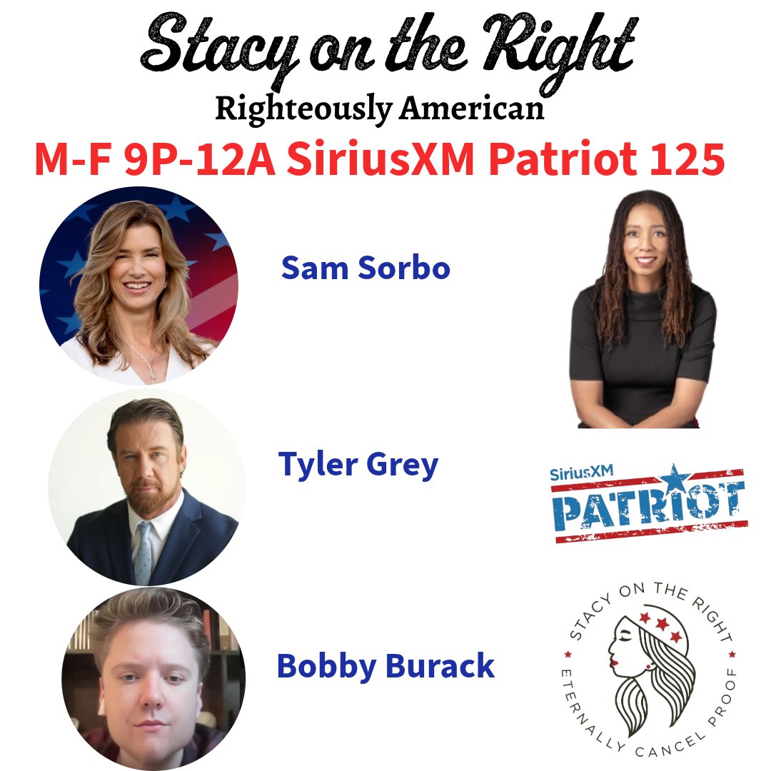 SiriusXMPatriot's tweet image. Tonight On @StacyOnTheRight 9pm-12am ET Wed 7/23
9:20pm @thesamsorbo
10:00pm @TylerAresGrey
11:00pm @burackbobby_
Tonight's Opening Verse: Psalm 31:19
Call In Now: 866-957-2874
sxm.app.link/Patriot sxm.app.link/StacyOnTheRight
#SOTR #RighteouslyAmerican