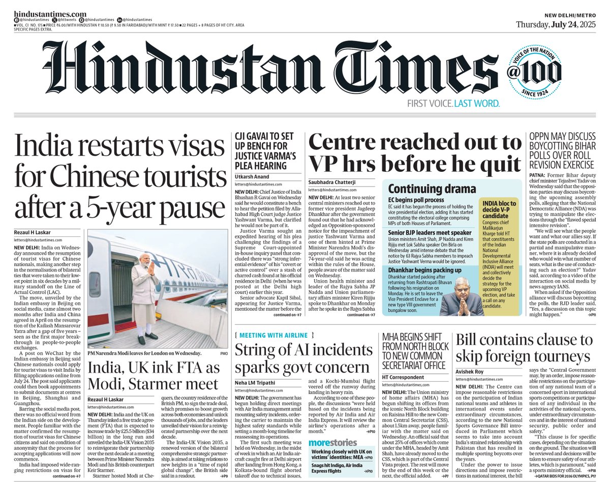 HindustanTimes's tweet image. ▶ India restarts visas for Chinese tourists after a 5-year pause
▶ Centre reached out to VP hrs before he quit
Read more in today's Hindustan Times print edition: epaper.hindustantimes.com
Subscribe bit.ly/2QAOH22