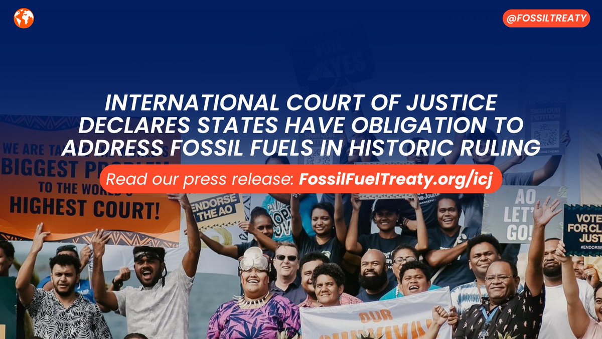 🌍 BREAKING: The world’s highest court just made history.

The International Court of Justice has ruled that climate action is a legal obligation—not a choice.

Read our press release at FossilFuelTreaty.org/icj