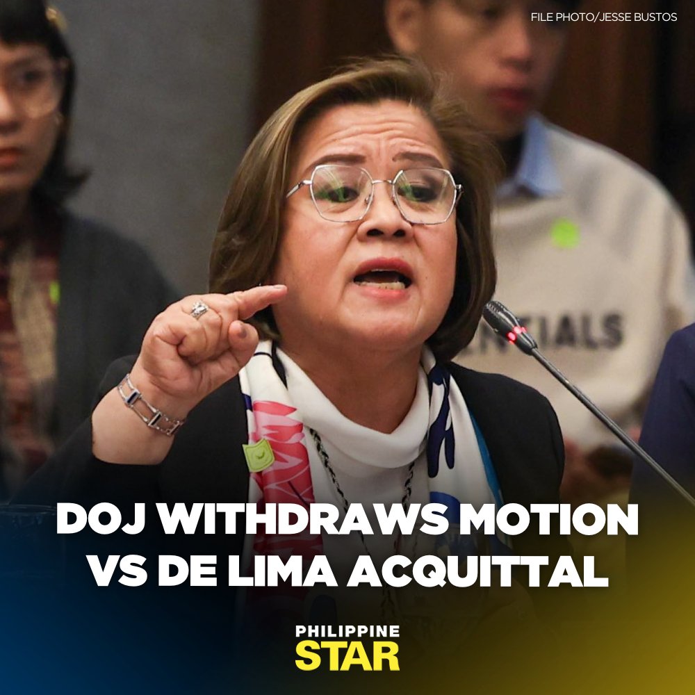 PhilippineStar's tweet image. The Department of Justice (DOJ) has withdrawn a motion filed before a Muntinlupa court seeking to reverse the acquittal of Mamamayang Liberal partylist Rep. Leila de Lima in one of her three drug charges. tinyurl.com/2brcsqhe