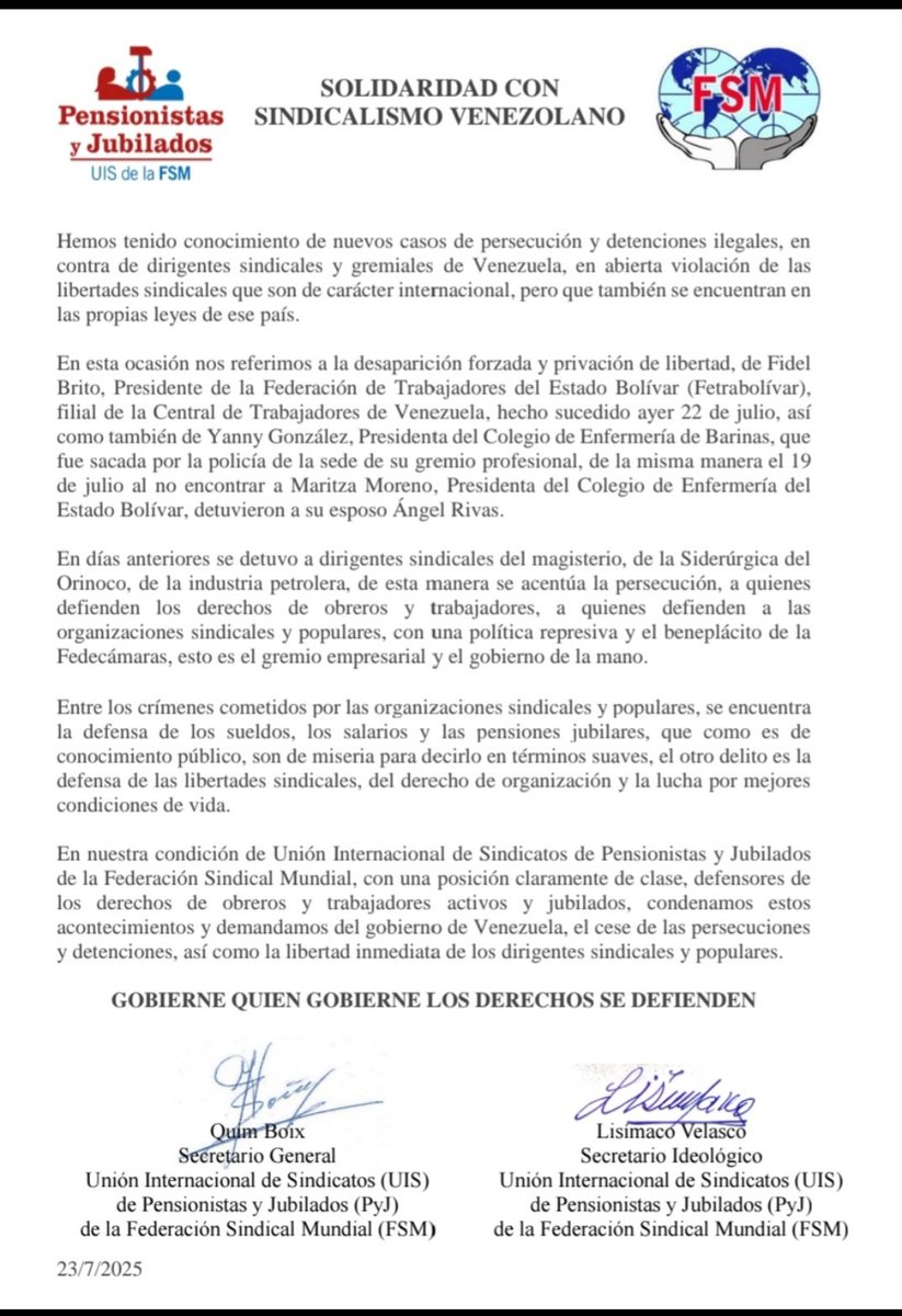 🔊 La wftucentral.org Federacion Sindical Mundial se pronuncia en Solidaridad con el Pueblo Trabajador de #Venezuela y en apoyo a las exigencias del Sindicalismo clasista Venezolano por que #CeseLaRepresion y para que
#LiberenALosTrabajadores ✊🏼